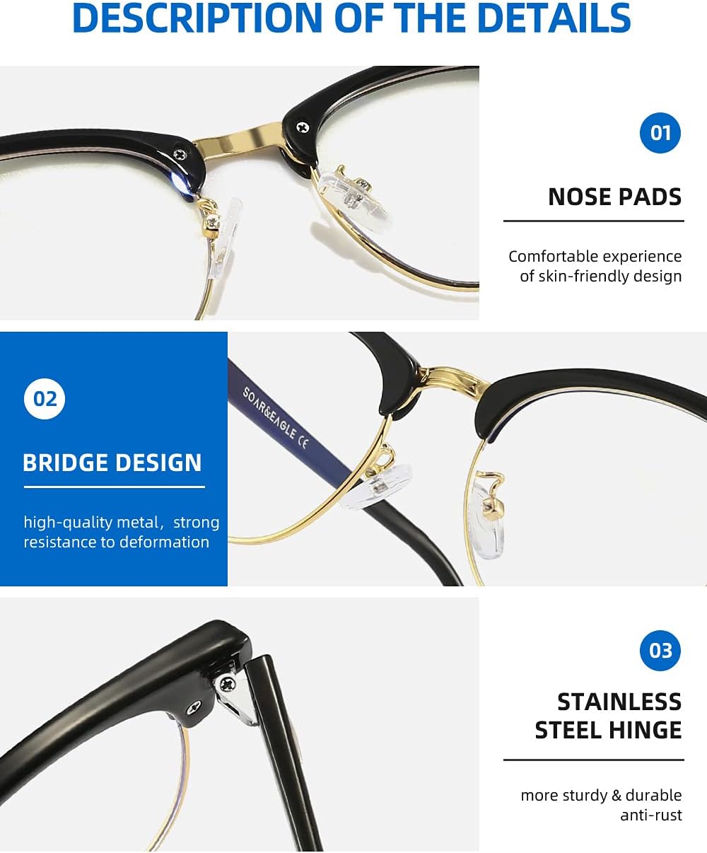 SOAR&EAGLE Paquete de 3 lentes de bloqueo de luz azul, lentes para juegos de computadora, lentes transparentes retro sin montura UV400 (oro