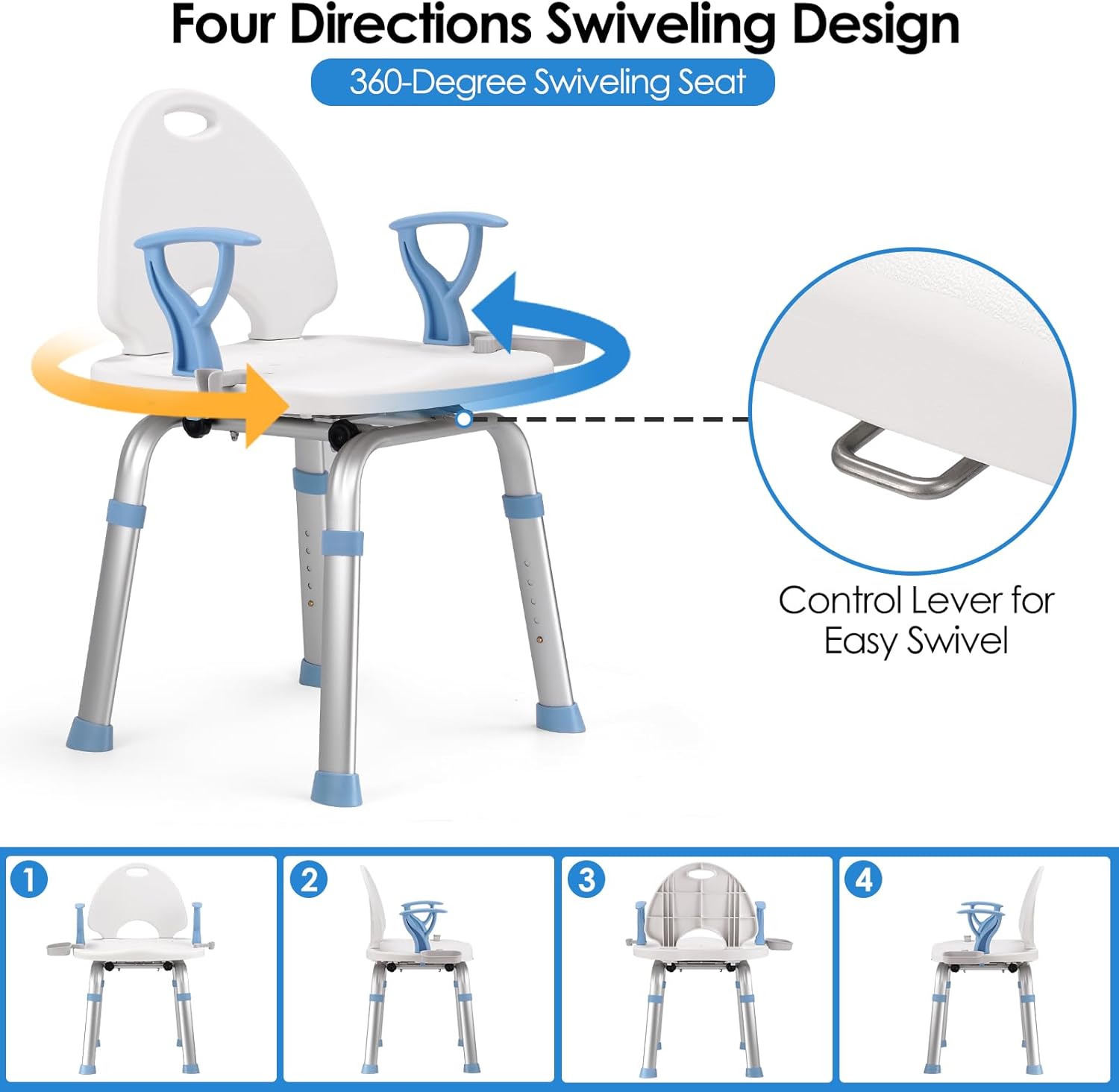 Ambliss Silla de ducha giratoria de 360 para ducha interior, asiento de ducha con ruedas médicas para personas mayores, soporta hasta 450 libras,