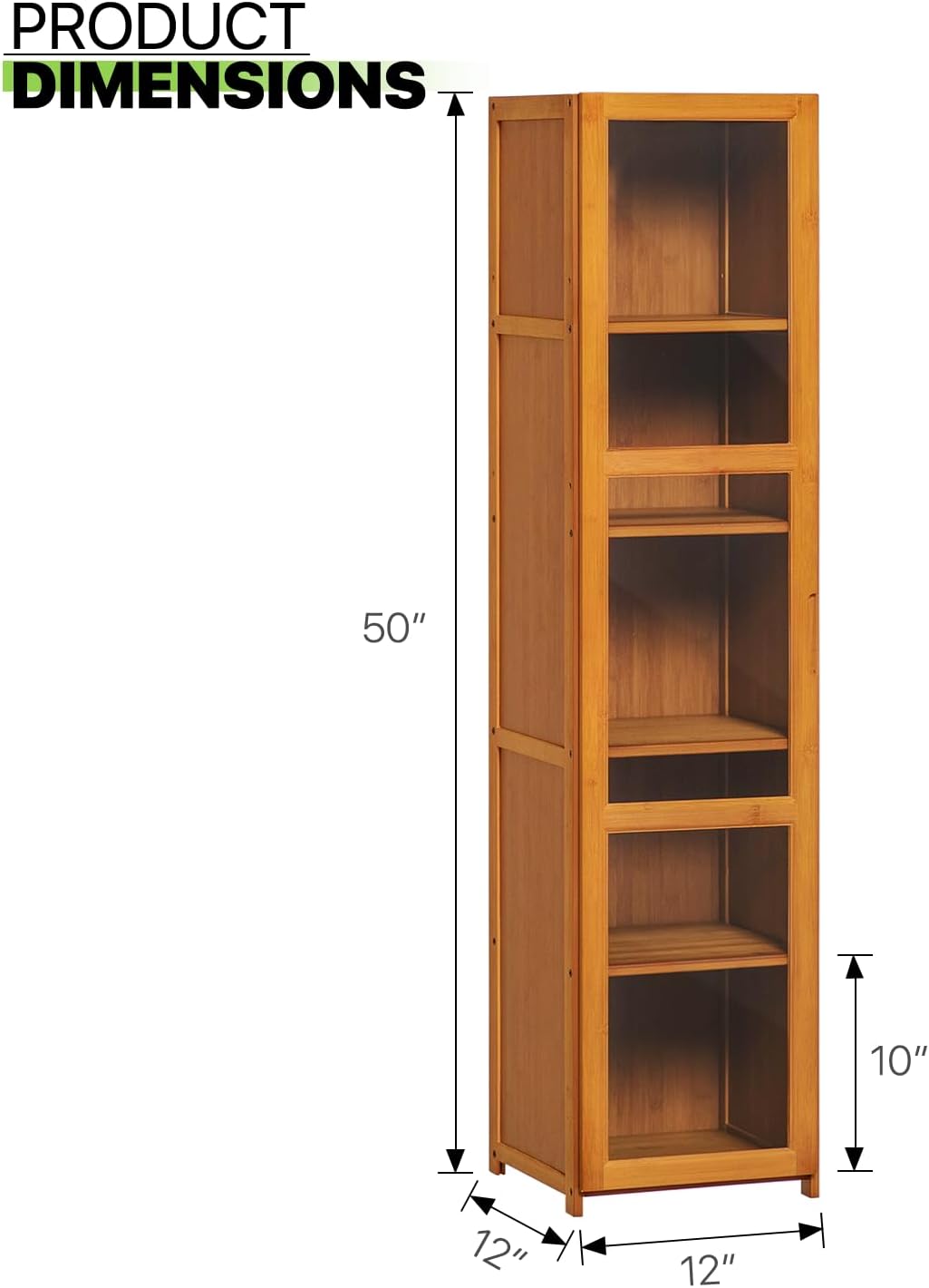 Magshion Estantería estrecha de bambú de 5 niveles con puerta transparente de 11.9 pulgadas de largo x 11.9 pulgadas de ancho x 50 pulgadas de alto,