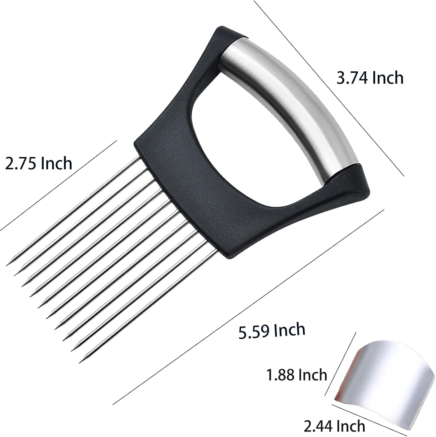 1 soporte de cebolla para rebanar, 1 protector de dedos para cortar alimentos, soporte de acero inoxidable para cortar cebolla, tenedor de cebolla,