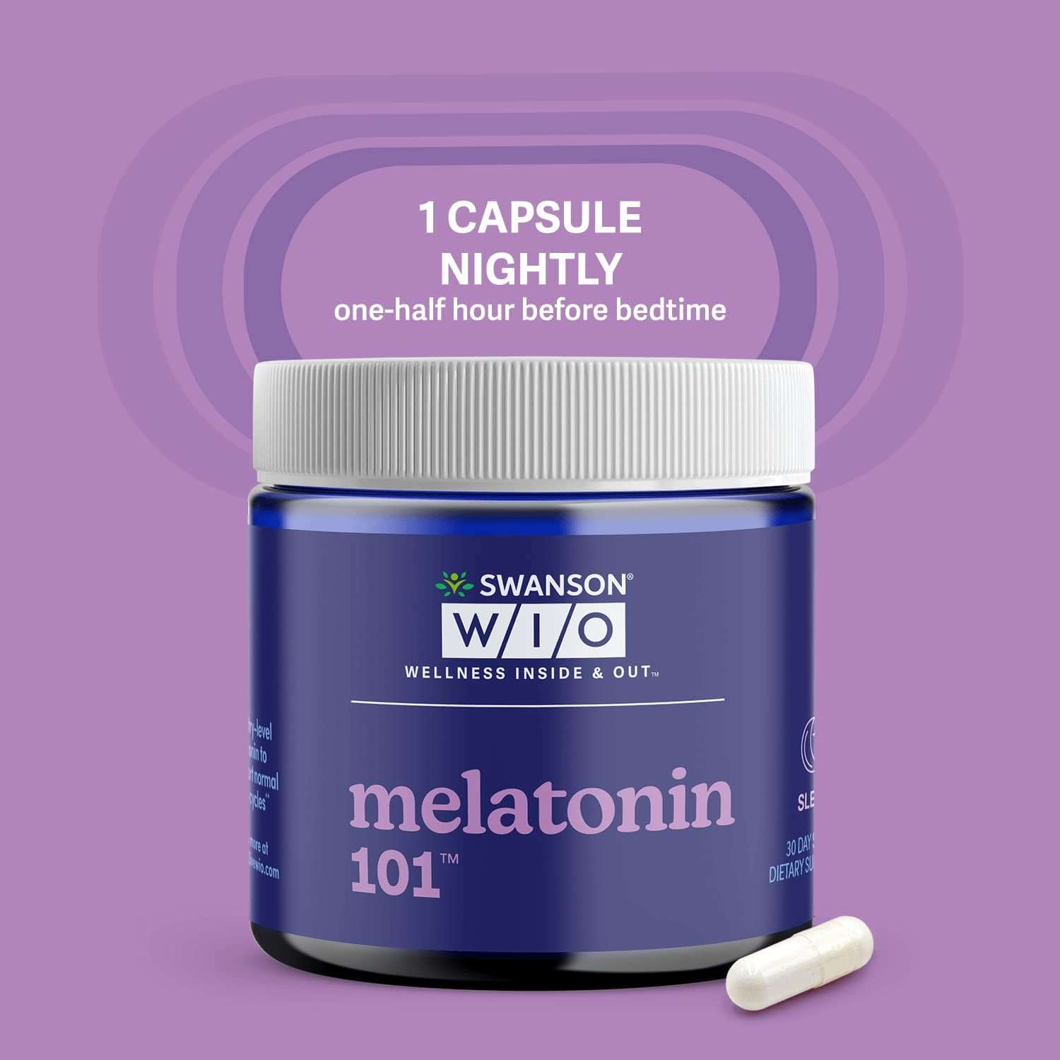 Swanson WIO melatonina 101 para un mejor sueño, relajación, apoyo del ciclo del sueño circadiano, 3 mg de melatonina, bienestar mental, botella de 4
