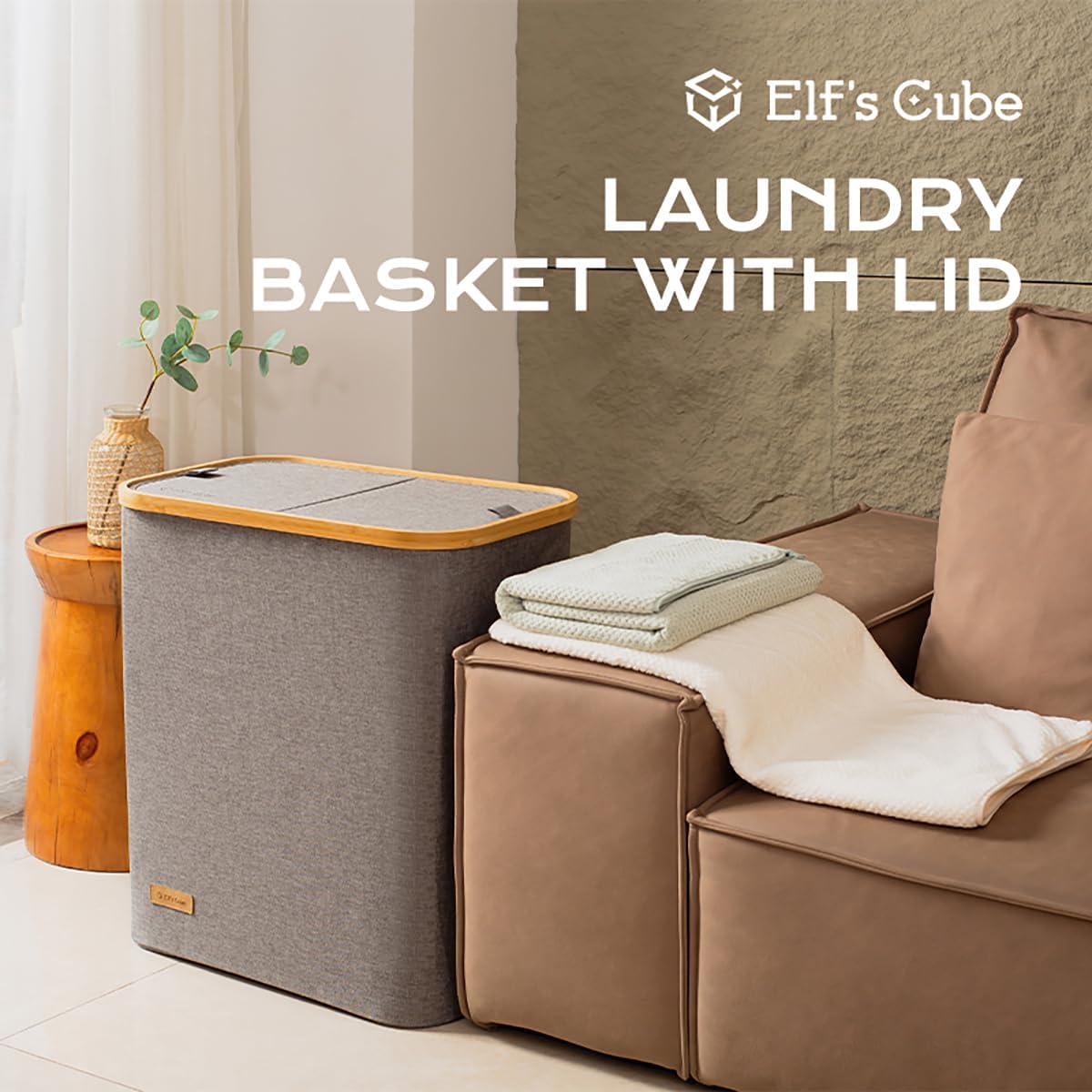 Elf’s Cube Cesta de lavandería doble gris con tapa, cesta de lavandería plegable, cesta de lavandería extraíble para dormitorio, baño, cuarto de