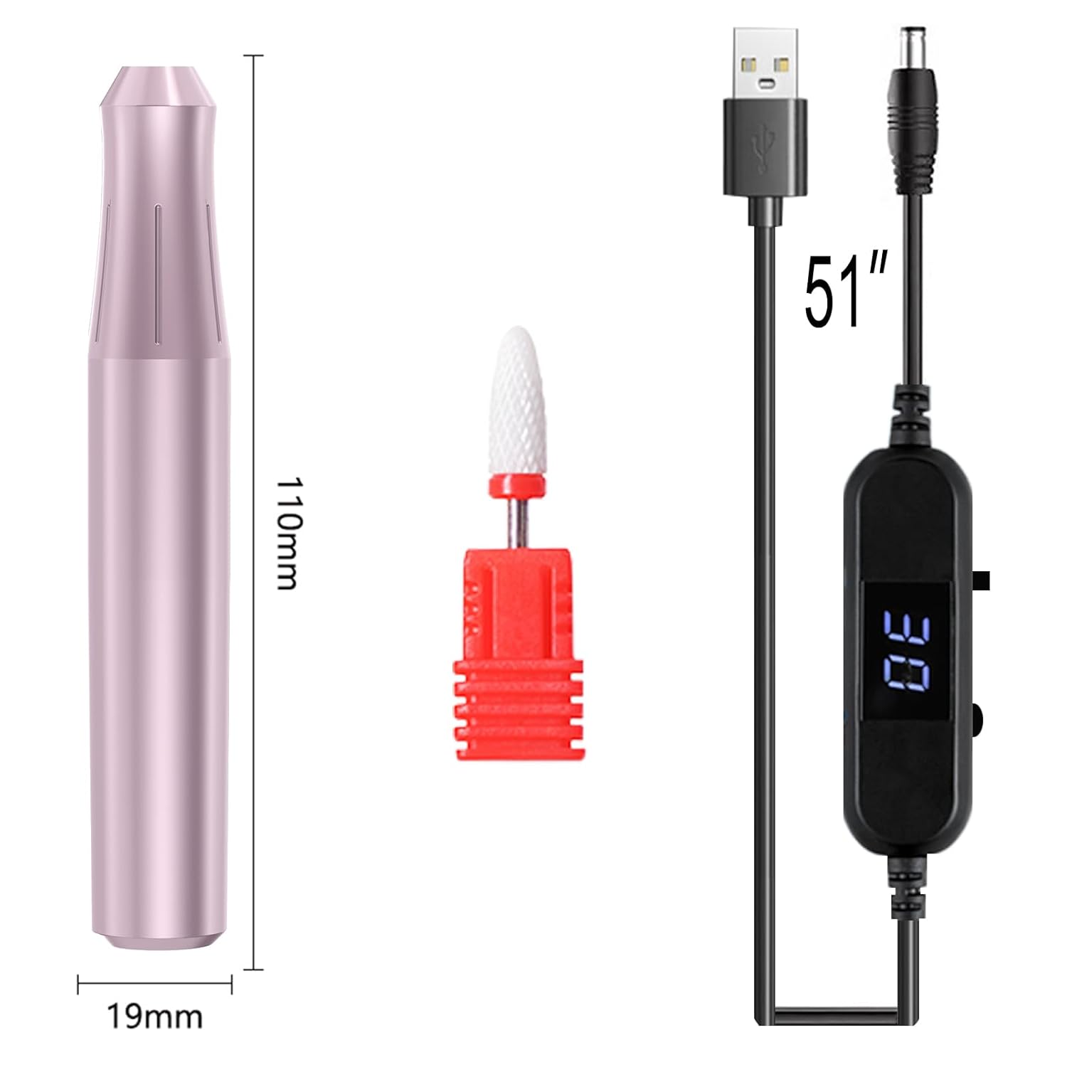 Uñas eléctricas portátiles con cabezal de pulido de cerámica, pantalla de visualización de archivos de uñas DC12V USB Strong Power Efile para uñas