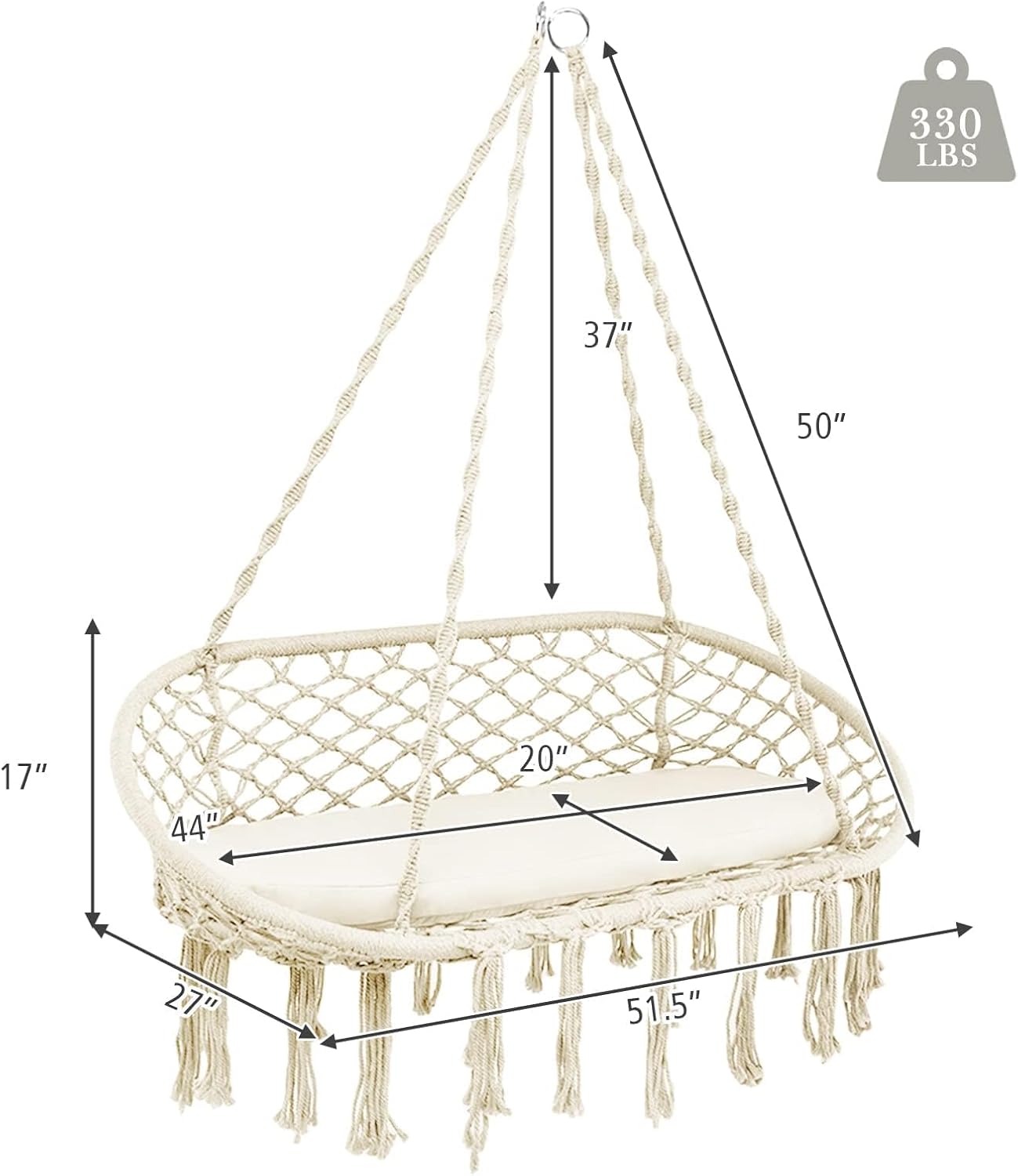 HAPPYGRILL Hamaca colgante para 2 personas con cojín, silla columpio colgante, estilo platillo, silla columpio de macramé, silla columpio de