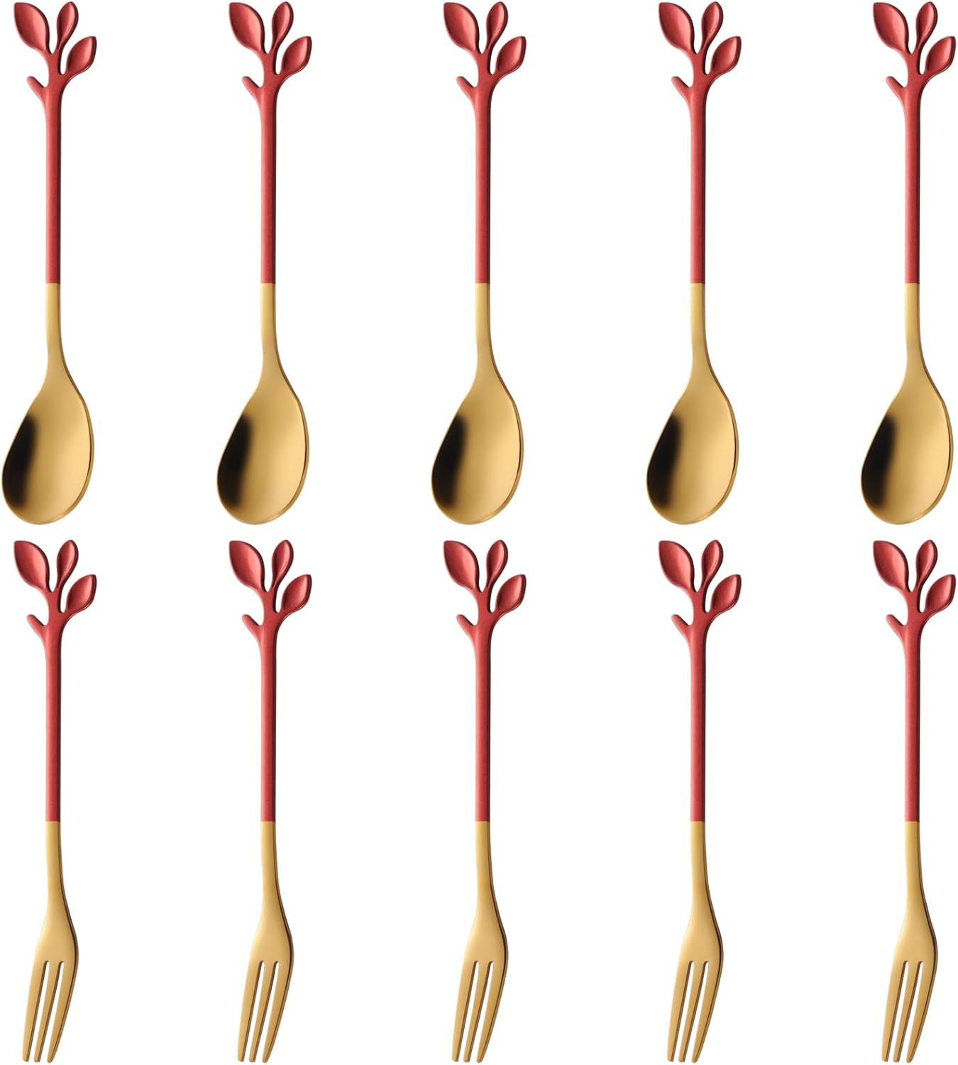 AnSaw 5 cucharas de café pequeñas y 5 tenedores para postres, acero inoxidable de 4.7 pulgadas con mango de hojas (rojo y dorado)