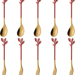 AnSaw 5 cucharas de café pequeñas y 5 tenedores para postres, acero inoxidable de 4.7 pulgadas con mango de hojas (rojo y dorado) AnSaw 5 cucharas de café pequeñas y 5 tenedores para postres, acero inoxidable de 4.7 pulgadas con mango de hojas (rojo y dorado)