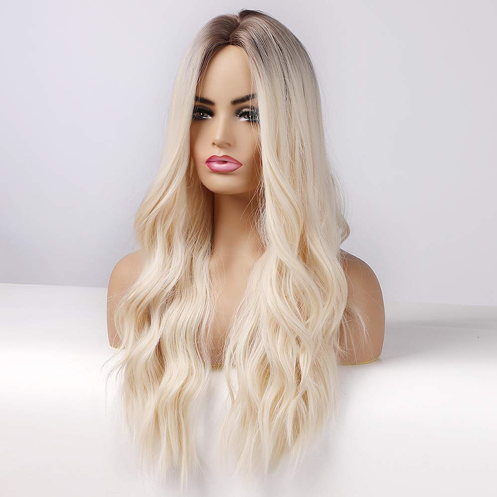 HAIRCUBE Pelucas rubias largas para mujer, pelo sintético rizado ondulado con raíces oscuras