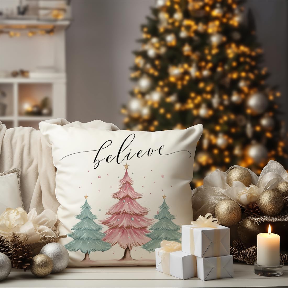 Juego de 4 fundas de almohada decorativas de Navidad de 18 x 18 pulgadas, diseño de muñeco de nieve, muñeco de nieve, Papá Noel, árbol de Navidad,