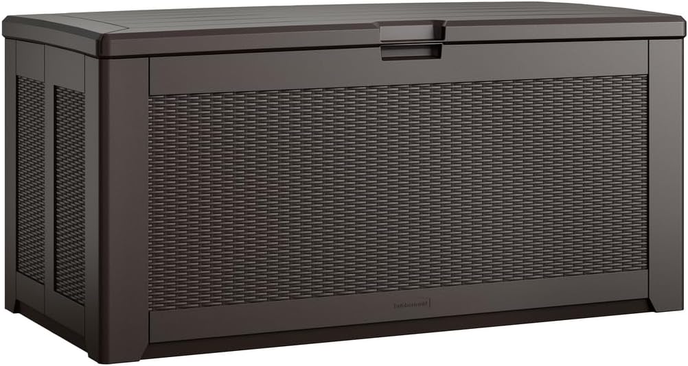Rubbermaid Caja de almacenamiento de resina extragrande para exteriores (134 galones), resistente a la intemperie, marrón, organización de cubierta