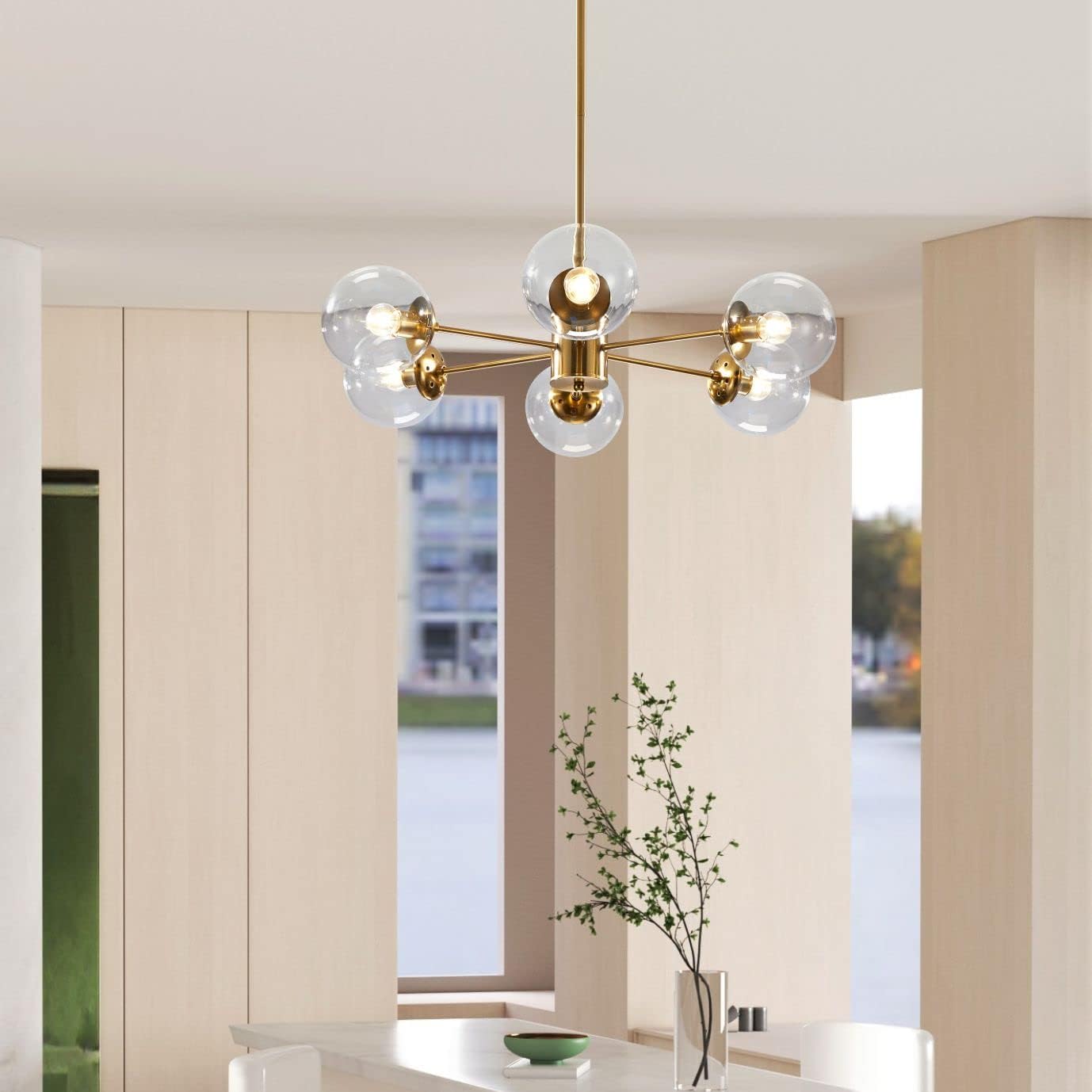 KCO Lighting Modern – Lámpara de araña Sputnik de 6 luces con globo de vidrio transparente, lámpara colgante de techo ajustable de mediados de
