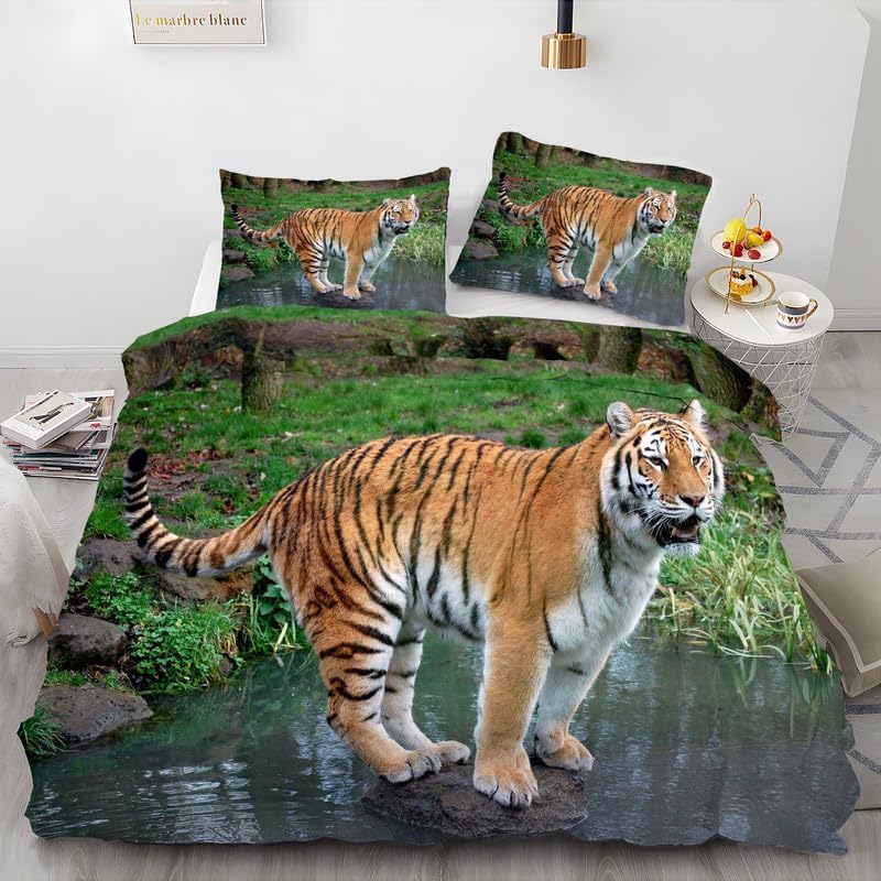 Animal Brown Twin Duvet Cover Tiger Print Twin Bedding Sets Soft Microfiber Comforter Cover and 2 Pillow Shams 20″X26″, Bed Set Duvet Covers with