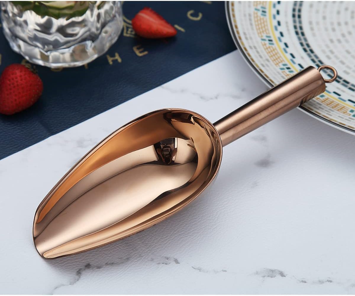 Berglander Cuchara de hielo de acero inoxidable oro rosa de 6 onzas, cuchara de hielo de metal chapado en cobre de titanio para máquina de hielo,