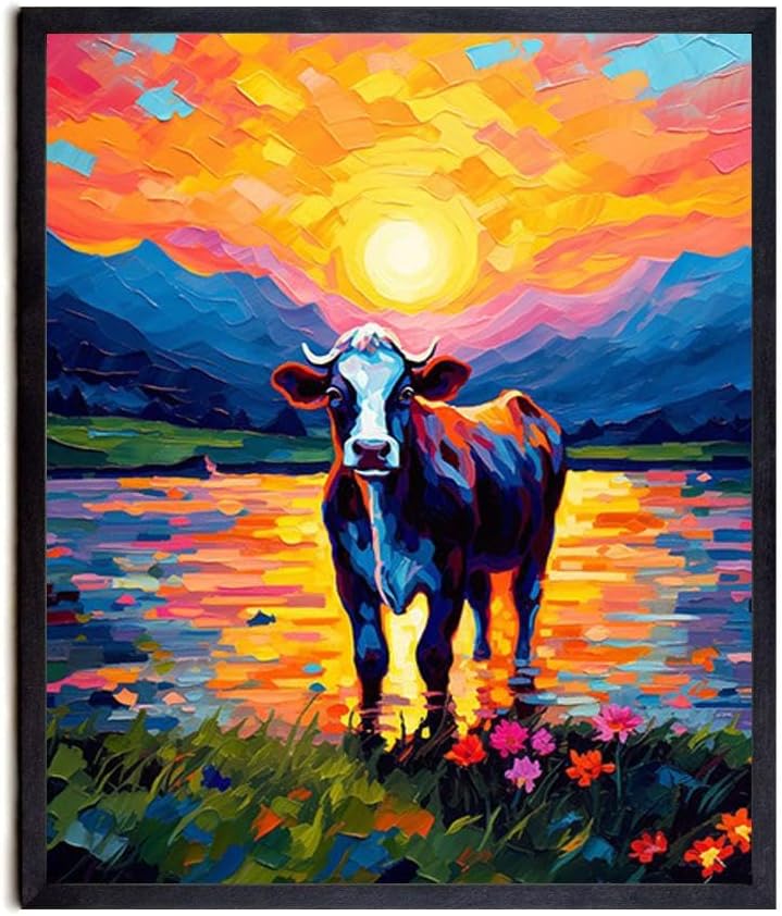 Bestbuddy Pet 8 x 10 sin marco noche estrellada Van Gogh inspirado vaca lechera junto al lago Flores Granja Animal Leche Vaca Ganado Familia Pintura