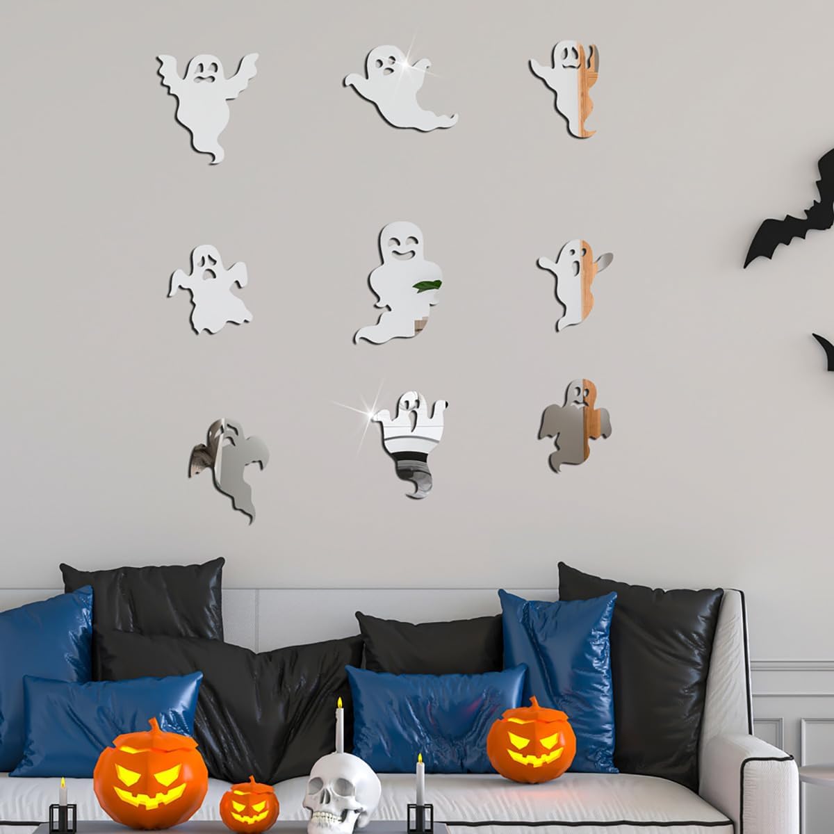 Decoración de pared de fantasma de Halloween, 9 piezas, decoración de pared de fantasma blanco, calcomanías de pared de fantasma blanco, espejo