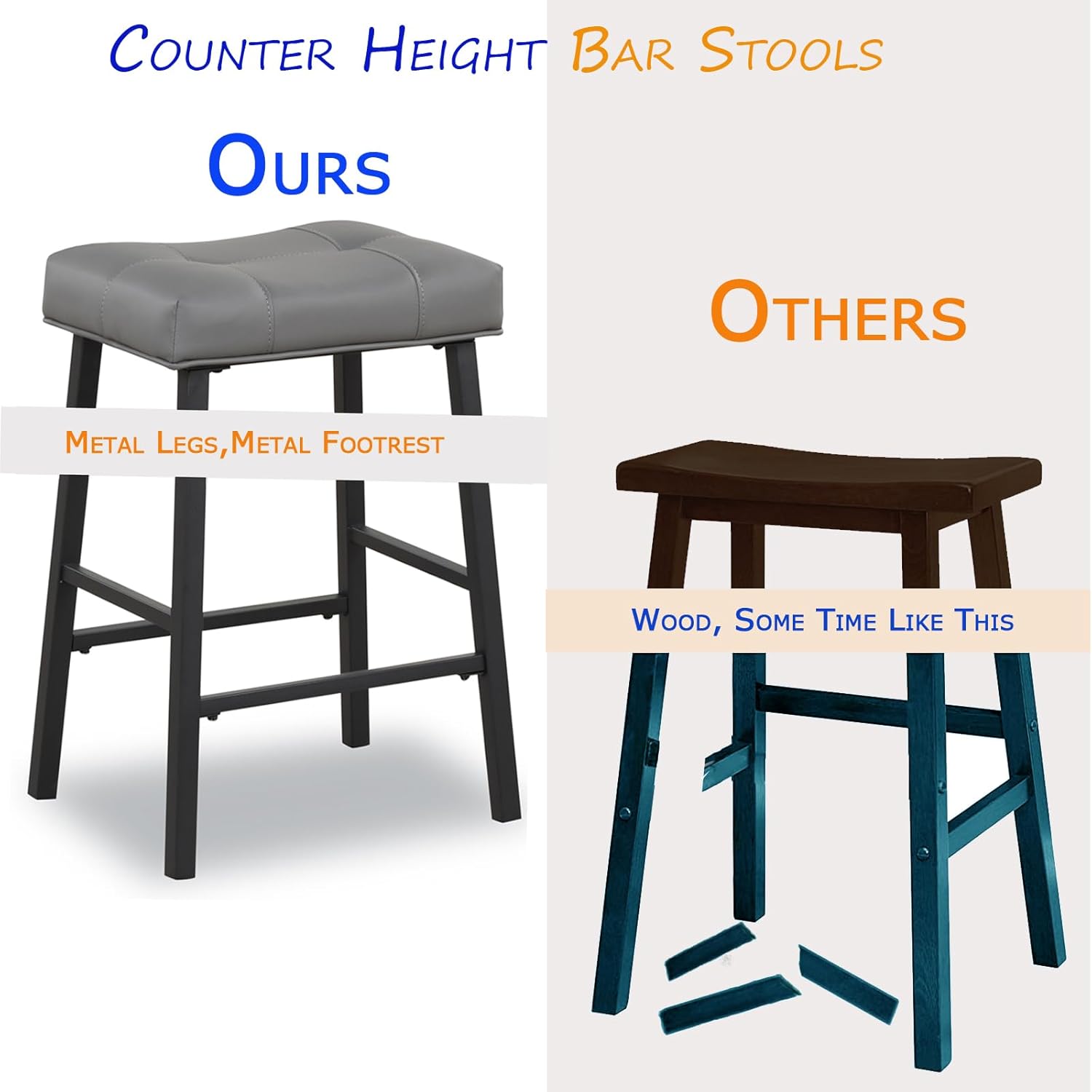 Taburetes de bar grises de 24 pulgadas, taburetes de altura de mostrador con asiento tapizado acolchado para desayuno, isla de cocina, bar en casa,