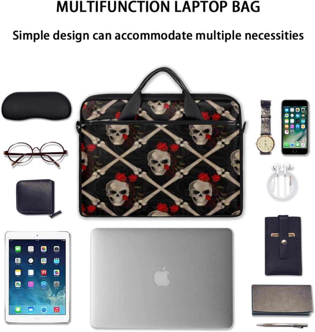 Bolsa para laptop con diseño de calavera y rosa negra para mujeres y hombres, funda impermeable para laptop con correa para el hombro, maletín de