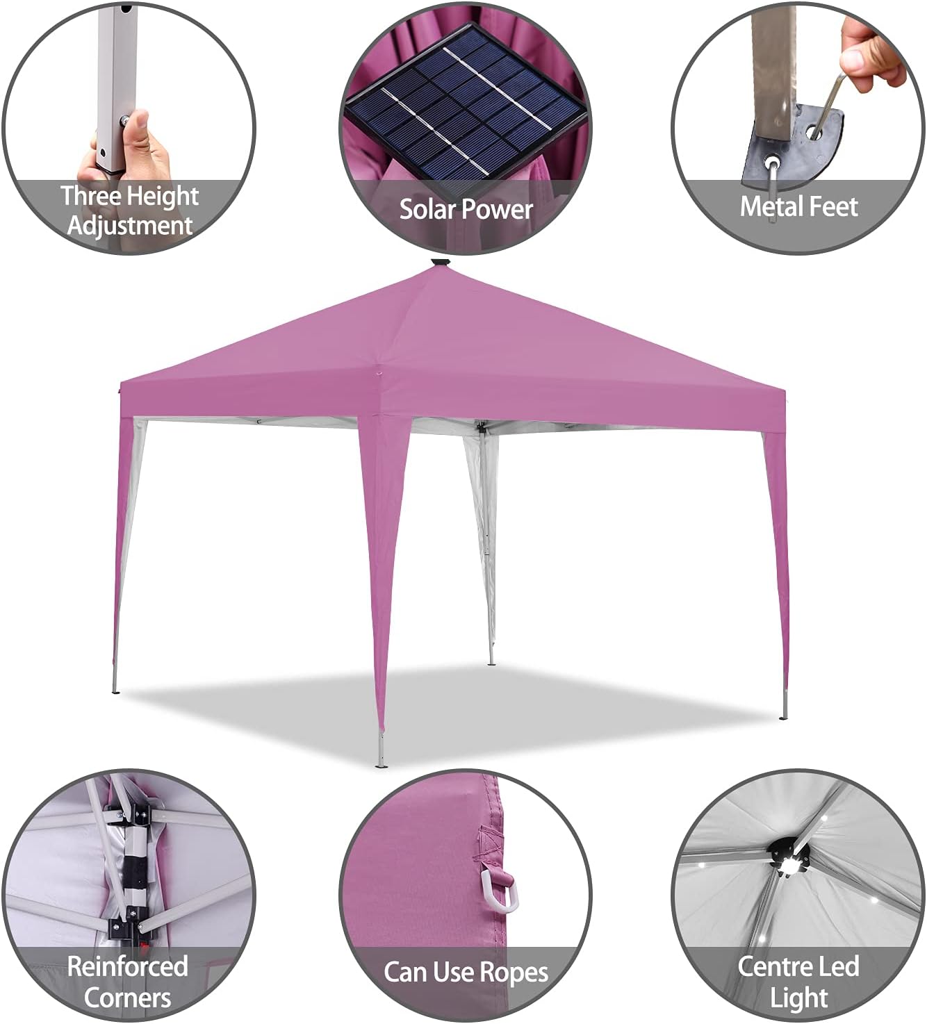Tienda de campaña con toldo desplegable de 10 x 10 pies, luz LED, portátil, para fiesta trasera, color rosa