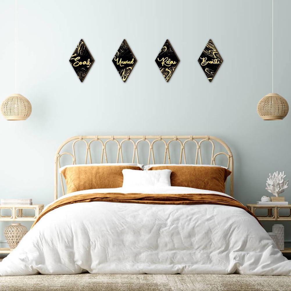 4 piezas de decoración de pared de baño, letreros de madera con forma de diamante, remojar, relajarse, respirar, estilo mármol, decoración artística