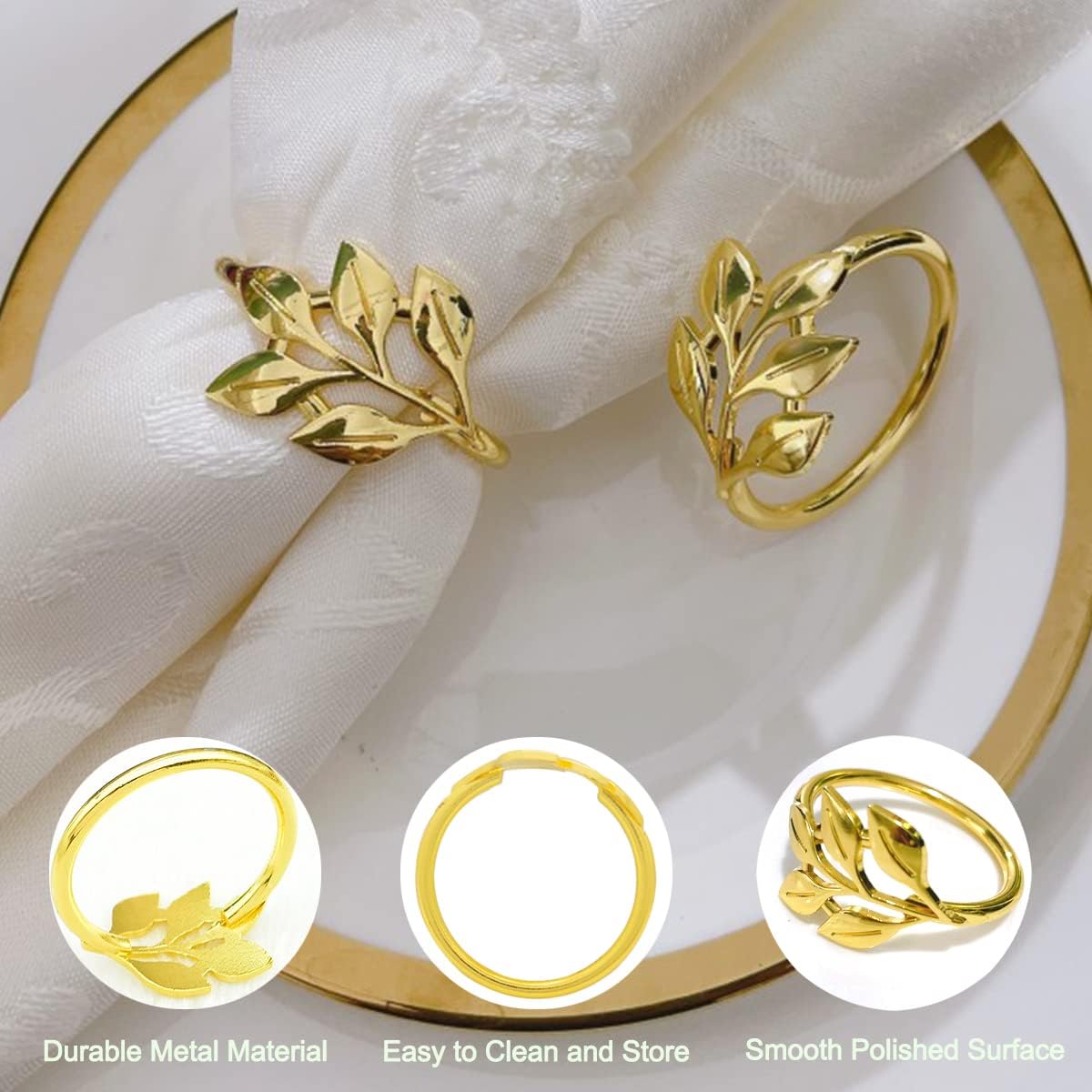 Paquete de 20 servilleteros dorados, juego de servilleteros de hoja de metal, servilleteros dorados, decoraciones de mesa, hebillas de servilleta de