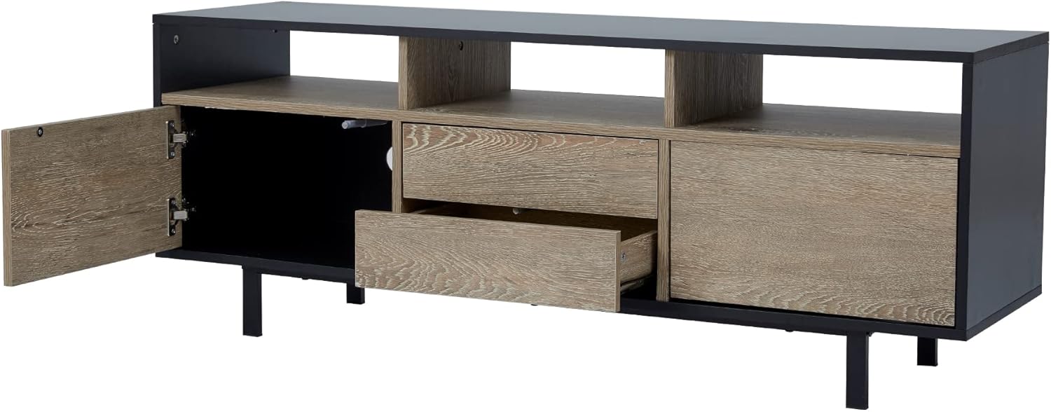 Teamson Home Bryson – Centro de entretenimiento de madera moderno de mediados de siglo con patas de metal, color negro y roble