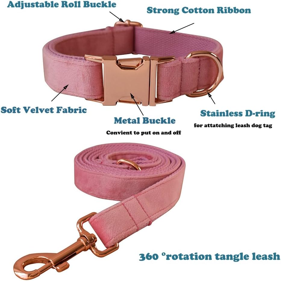 Juego de collar y correa de terciopelo para perro, collar y correa de perro suaves y cómodos, collares ajustables con hebilla de metal resistente