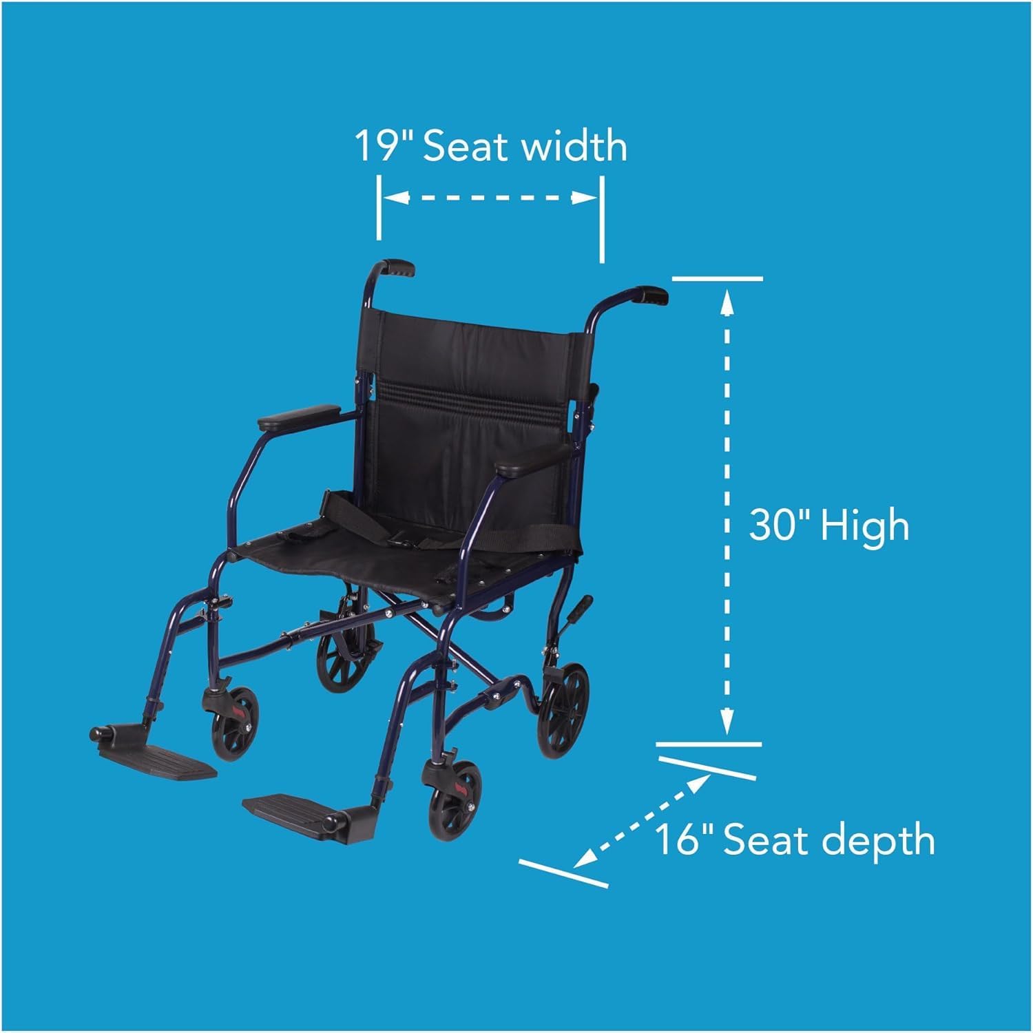 Carex Silla de ruedas de transporte con cojín para silla de ruedas, asiento de 19 pulgadas, silla de transporte plegable con reposapiés, silla de