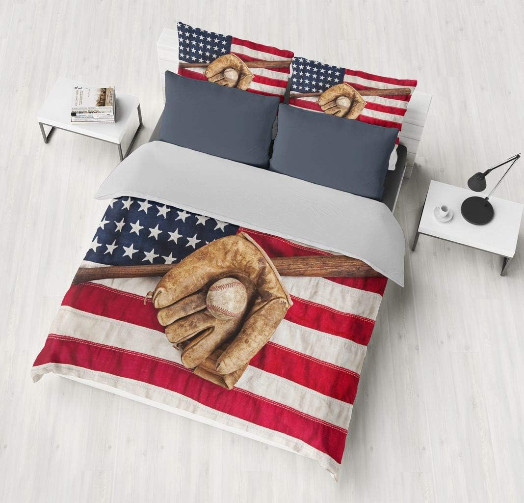Juego de edredón de béisbol con bandera estadounidense 3D, tamaño matrimonial, ropa de cama deportiva para niños