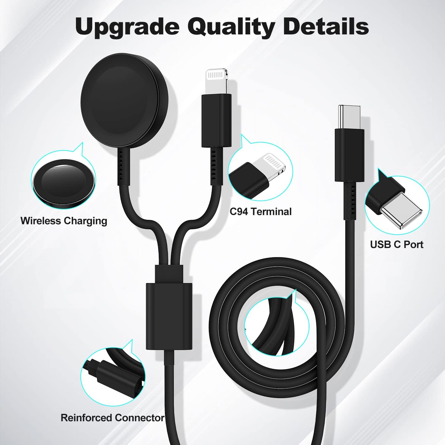 Cable de carga USB C mejorado para Apple Watch, certificado Apple MFi, cable de carga magnético para iWatch de 6 pies, cable de carga tipo C 2 en 1