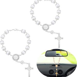 2 piezas de rosario de coche para espejo retrovisor, espejo retrovisor, cuentas de rosario automático, medalla de coche y accesorios colgantes de 2 piezas de rosario de coche para espejo retrovisor, espejo retrovisor, cuentas de rosario automático, medalla de coche y accesorios colgantes de