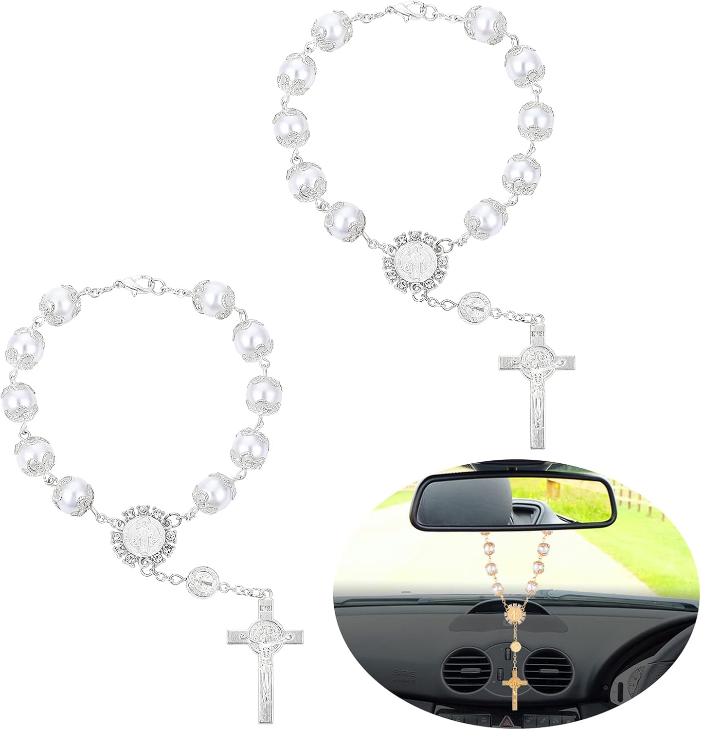 2 piezas de rosario de coche para espejo retrovisor, espejo retrovisor, cuentas de rosario automático, medalla de coche y accesorios colgantes de