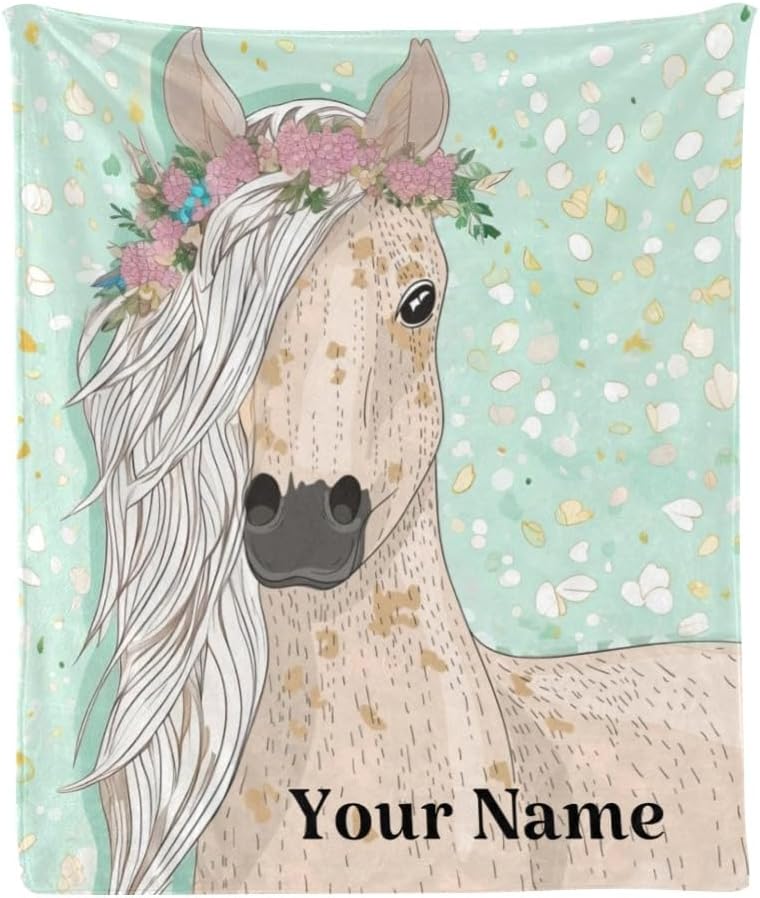 Manta personalizada con texto de nombre, divertida manta de forro polar súper suave con diseño floral de caballo para sofá, cama (50 x 60 pulgadas)