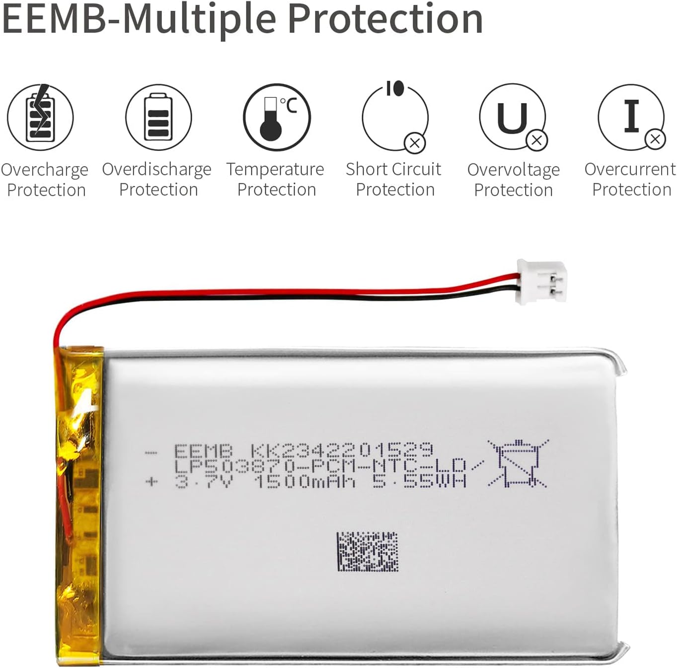 EEMB Batería de polímero de litio 3.7V 1500mAh 503870 Lipo Batería recargable con conector JST de cable para altavoz y dispositivo inalámbrico