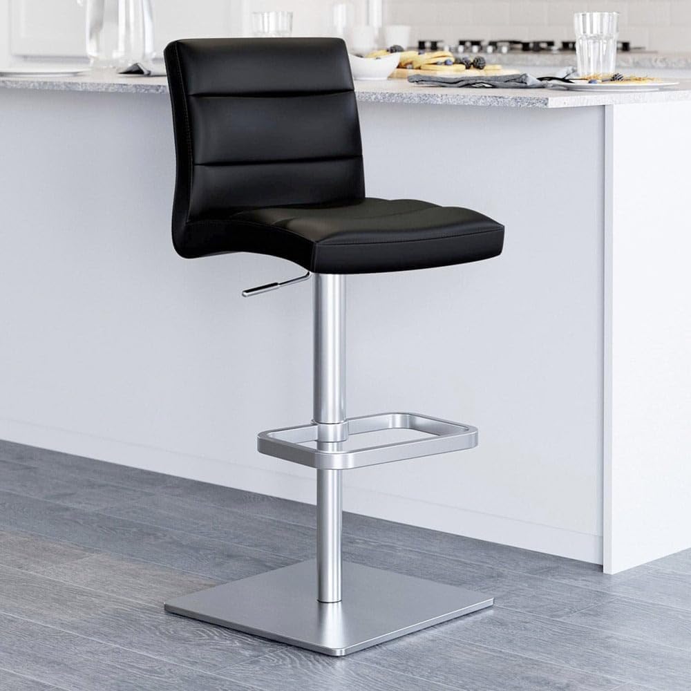 Zuri Muebles Taburete de bar moderno de altura ajustable negro exuberante con base cuadrada cepillada