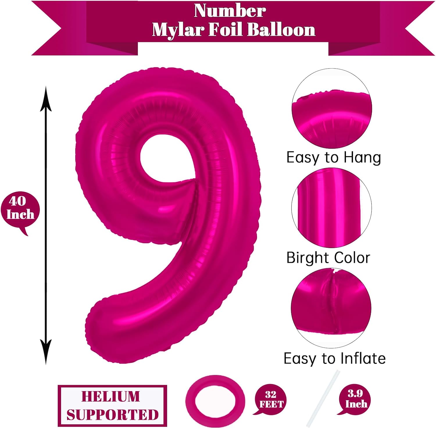 Globo rosa intenso del número 9 de 40 pulgadas, decoraciones de cumpleaños de 9 años, globos rosados de nueve para decoraciones de cumpleaños de 9