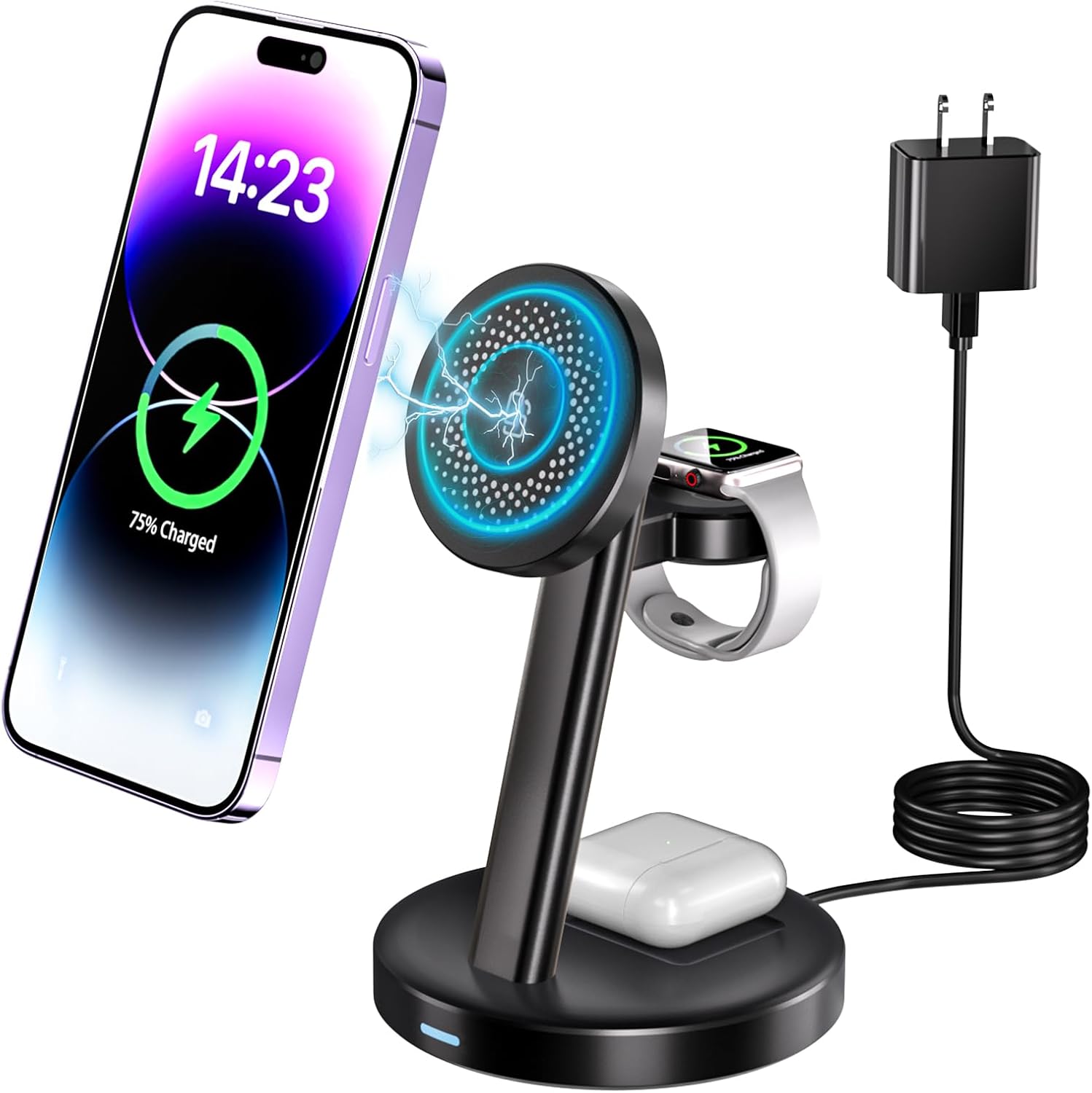 Estación de carga inalámbrica magnética para la serie Apple, soporte de cargador rápido estándar 3 en 1 de 15 W, adaptador QC3.0, para iPhone 14,