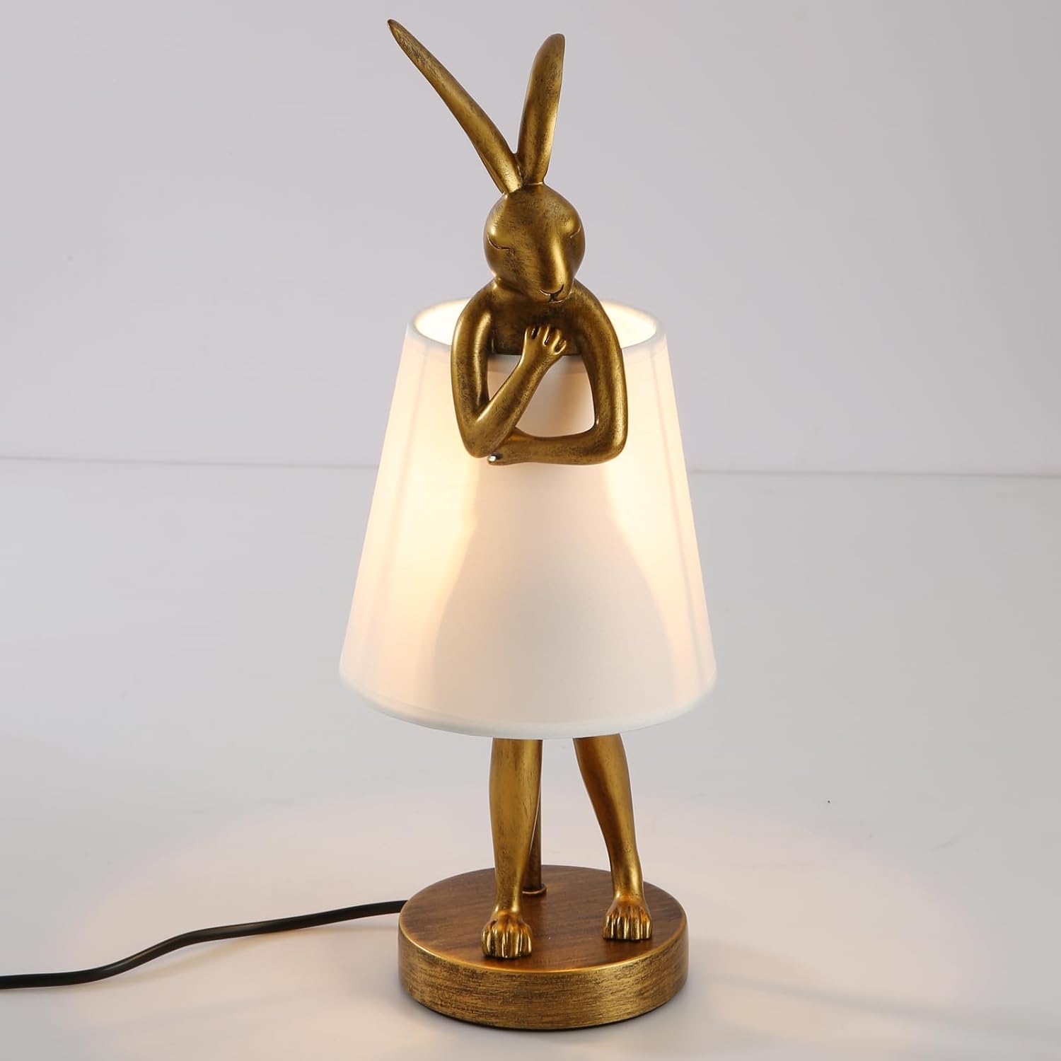 Lámpara de mesa de conejo, luz de escritorio de conejo de resina dorada de 15.7 pulgadas con pantalla de tela blanca, mesita de noche de los niños,