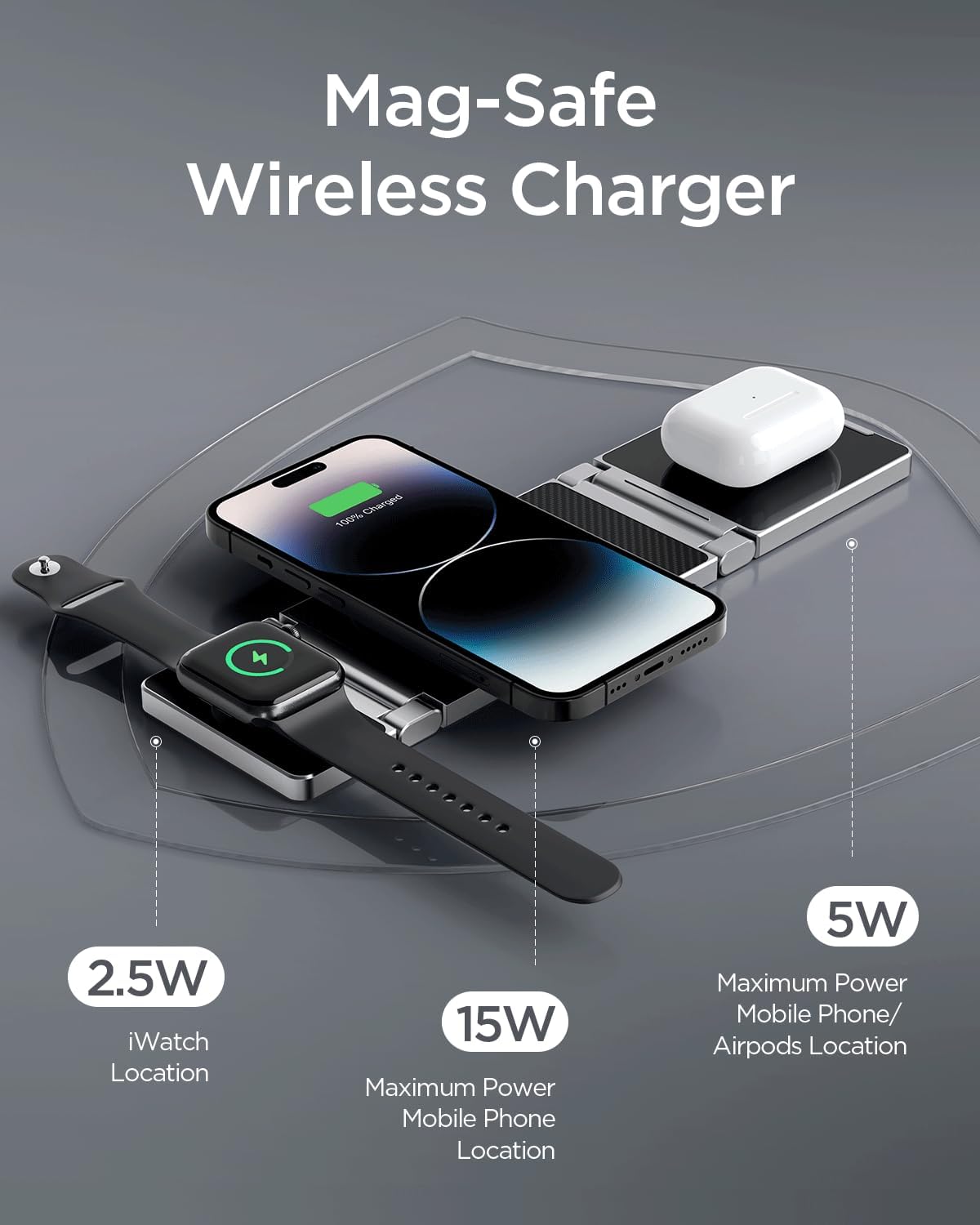 Hohosb – Estación de carga magnética, 3 en 1, plegable, de aleación de zinc, cargador inalámbrico compatible con cargador Magsafe para iPhone