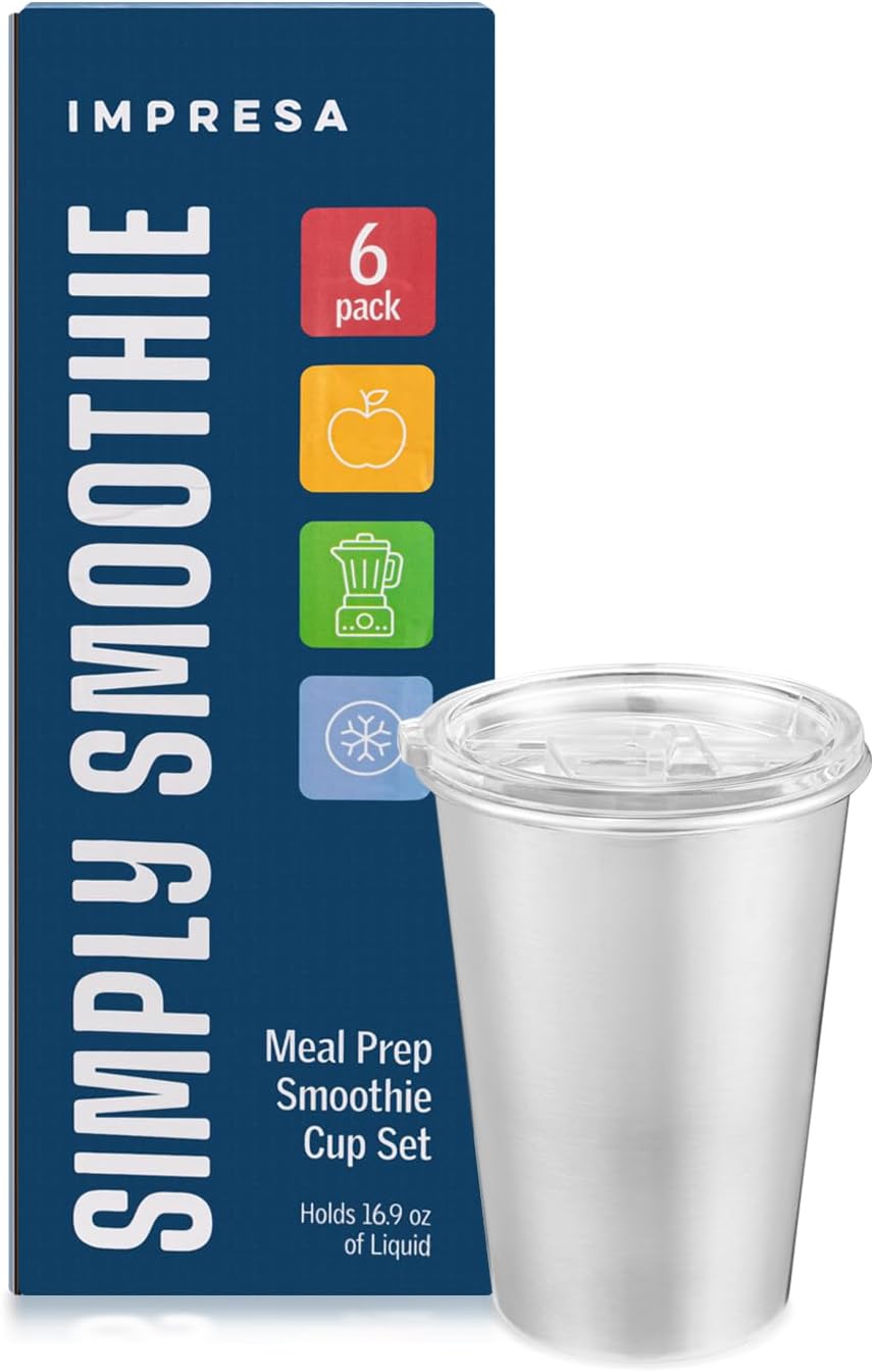 IMPRESA Paquete de 6 tazas de acero inoxidable para preparación de comidas, tarros congelables para jugos y batidos con tapas, convenientes tazas de