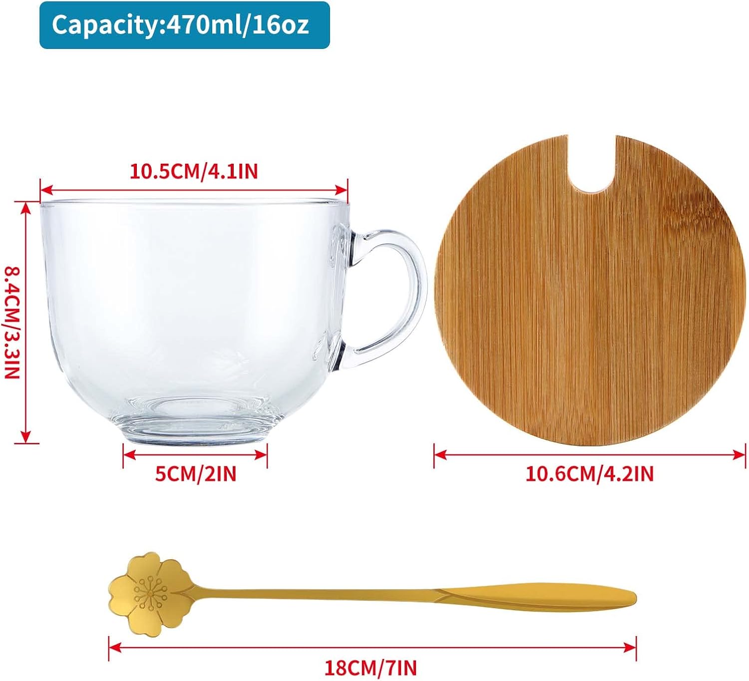 Tazas de café de 16 onzas con asa, tazas de vidrio con tapas de bambú y cucharas de flor de cerezo, vasos transparentes para té, cereales, yogur,