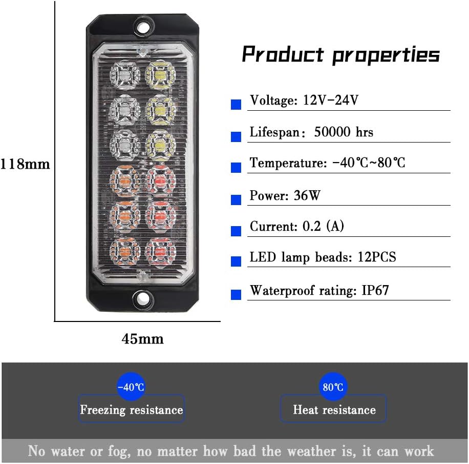 Teguangmei Luces estroboscópicas LED de emergencia, 2 x 12 LED rojoámbarblancoazul, montaje en superficie, rejilla intermitente, advertencia de