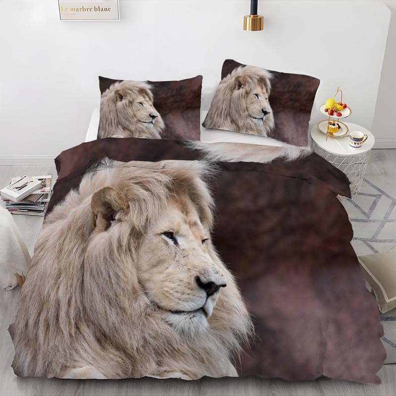 Brown Lion Duvet Cover Queen Animal Print Bedding Sets Queen Soft Microfiber Comforter Cover and 2 Pillow Shams 20″X26″, Bed Set Duvet Covers with