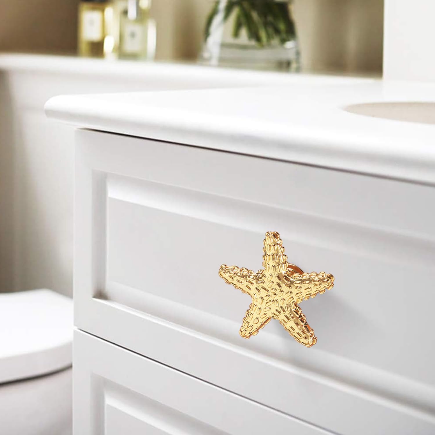 4 tiradores de estrellas de mar, tiradores de estrellas de mar, asas doradas, diseño costero, playa, océano, tiradores de un solo agujero, manijas