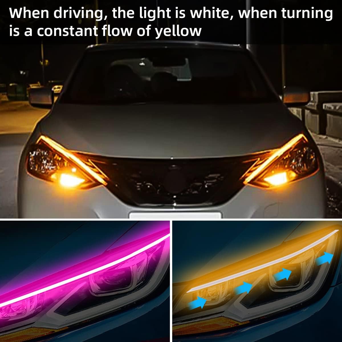 Tiras LED para faros delanteros de automóvil, 2 tiras flexibles de doble color, tira de luz LED impermeable para circulación diurna, accesorios