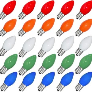 Goothy Paquete de 25 bombillas de repuesto C7 multicolor de Navidad, bombillas de cerámica multicolor para Navidad, exteriores, patio, interior, Goothy Paquete de 25 bombillas de repuesto C7 multicolor de Navidad, bombillas de cerámica multicolor para Navidad, exteriores, patio, interior,