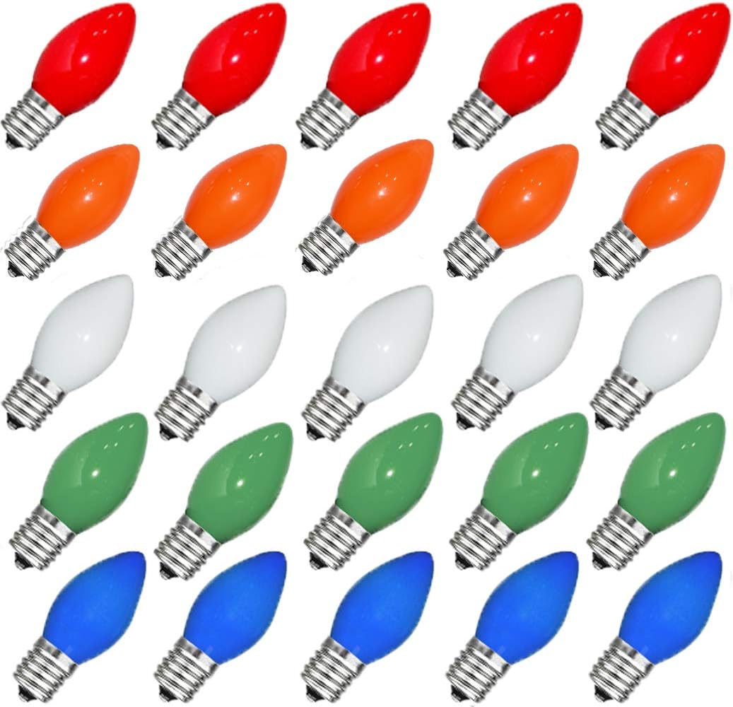 Goothy Paquete de 25 bombillas de repuesto C7 multicolor de Navidad, bombillas de cerámica multicolor para Navidad, exteriores, patio, interior,