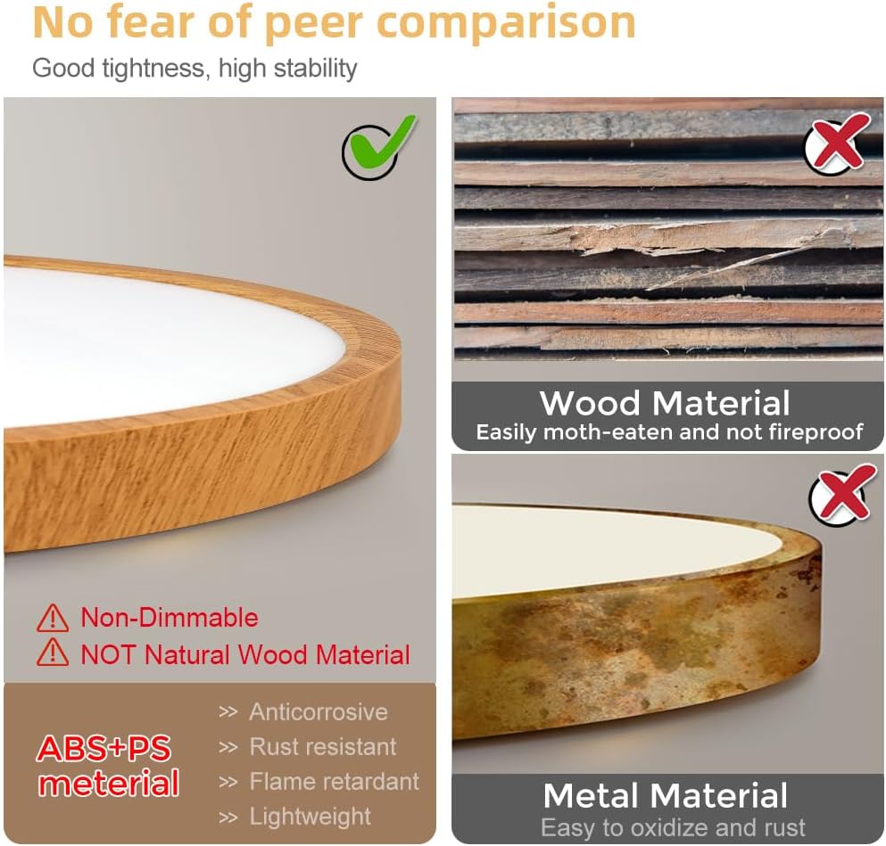 Lámpara de techo LED de grano de madera de 12 pulgadas, montaje empotrado, alfombrilla de ABS, 6000 K blanco frío, 24 W, lámpara de techo redonda