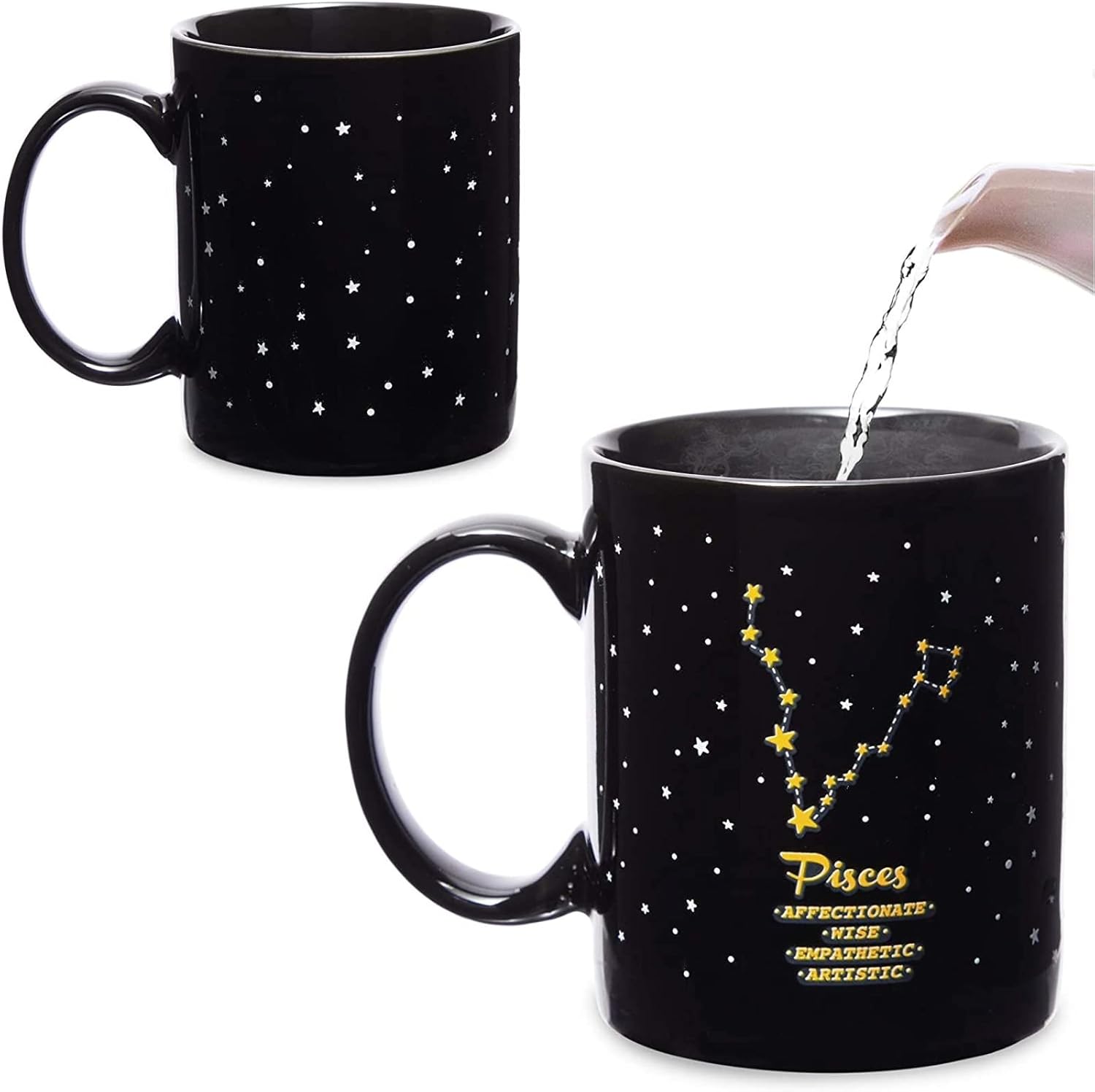 Okuna Outpost Taza que cambia de color de 11 onzas con diseño de signo astrológico del zodiaco de Piscis (negro)