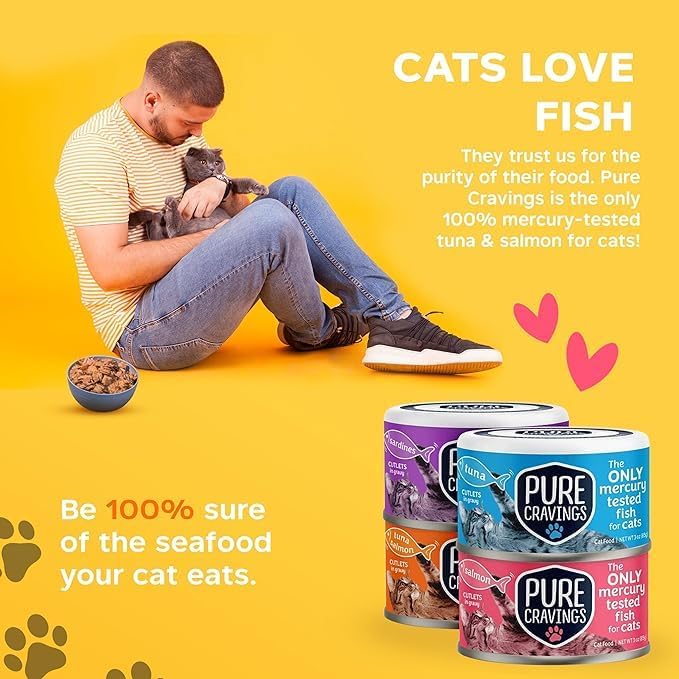 Pure Cravings Paquete variado de alimentos húmedos para gatos, atún, salmón, sardinas, atúnsalmón en salsa, 100% probado con mercurio, lata húmeda
