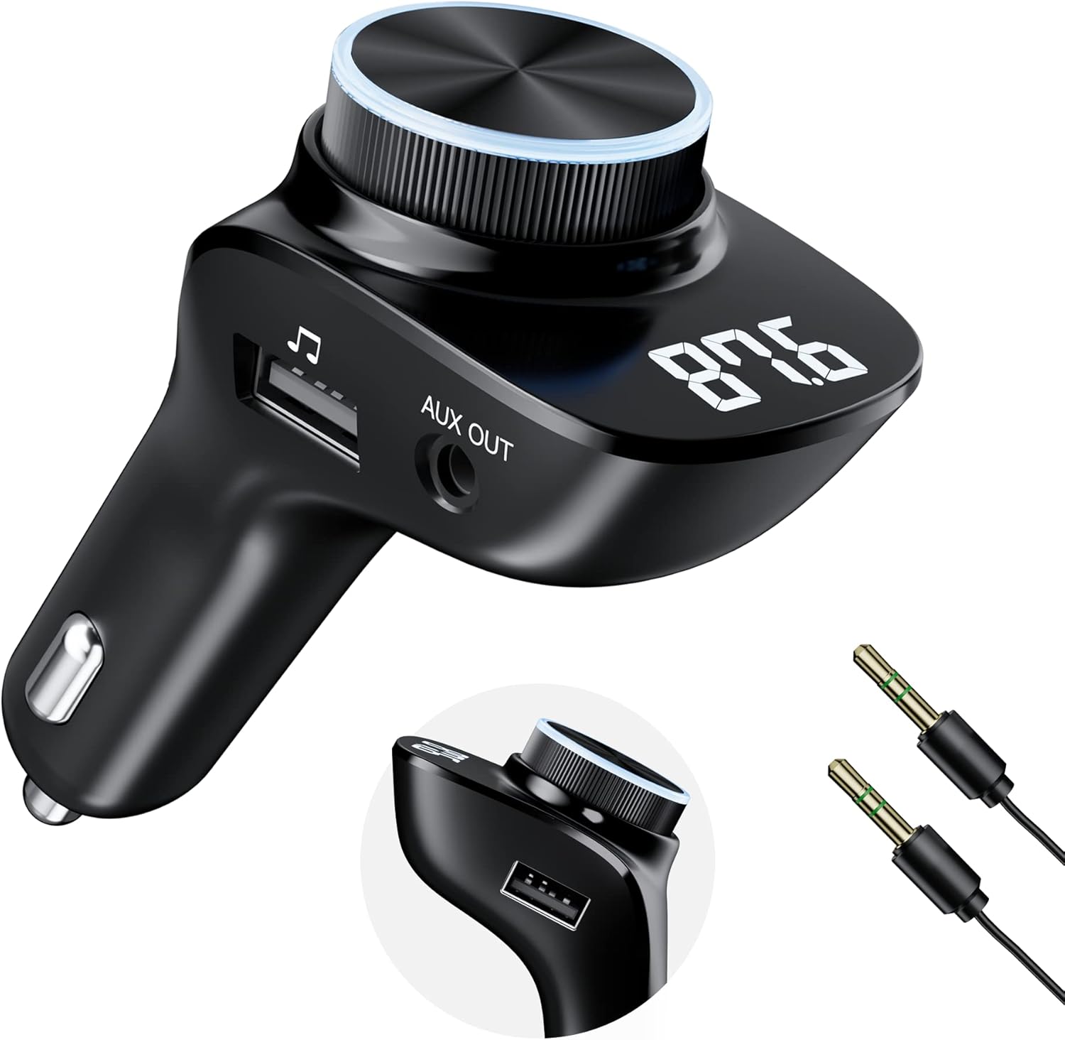 NECESPOW QC3.0 – Transmisor FM Bluetooth 5.0, cargador USB con cable AUX, adaptador de radio manos libres compatible con disco AUX y U, llamada