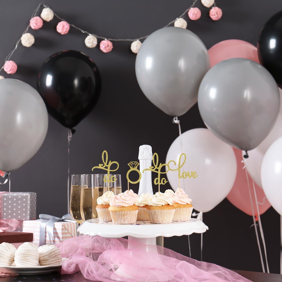 48 piezas de anillos de diamantes con purpurina para cupcakes Love I Do para decoración de bodas, despedidas de soltera, fiestas de compromiso,